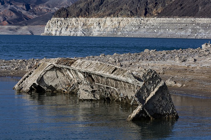 A World War II-era landing craft used to transport troops or tanks was revealed on the shoreline near the Lake Mead Marina as the waterline continues to lower at the Lake Mead National Recreation Area on June 30, 2022, in Boulder City.