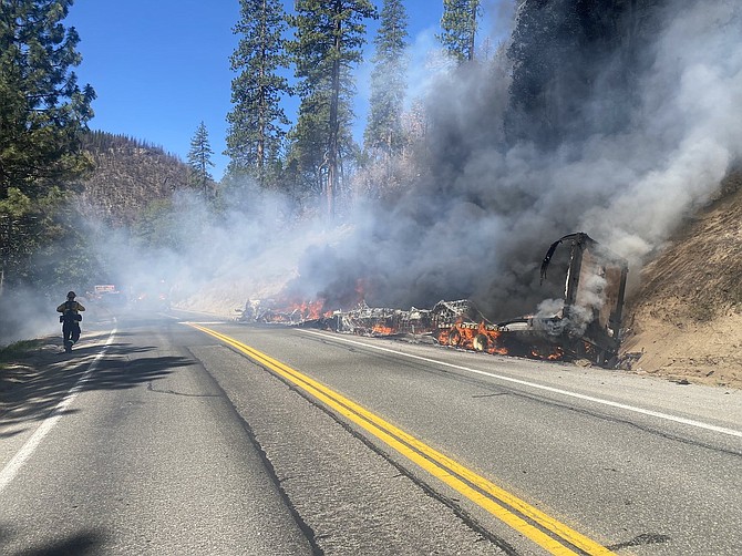 A big rig caught fire and burned on Highway 50 near Kyburz. CHP Photo