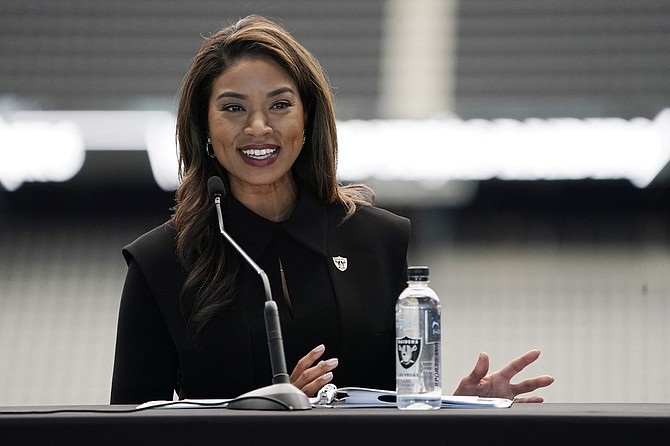 Sandra Douglass Morgan during a news conference announcing her as president of the Las Vegas Raiders on July 7, 2022, in Las Vegas.