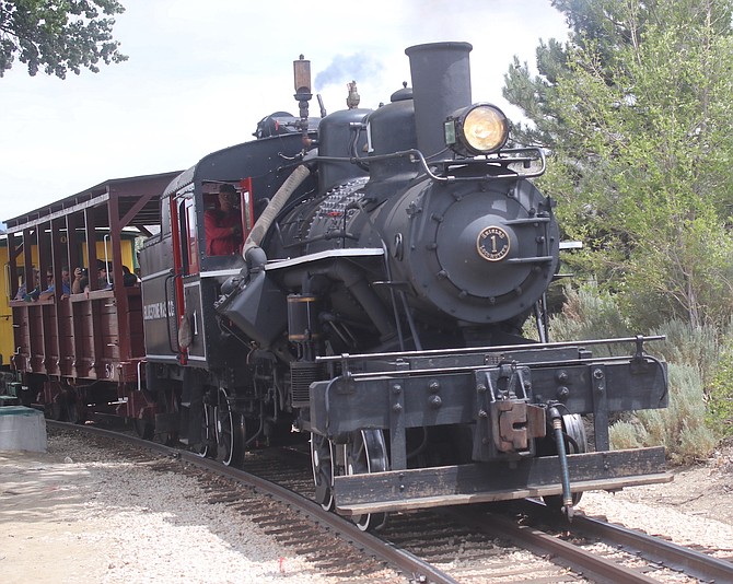 The Bluestone Mining & Smelting RR Heiser No. 1 hauls passengers around the Nevada State Railroad Museum during the Great Western Steam Up. The Bluestone Mining & Smelting Company and the Mason Valley Mines Company operated a rail line of 2.5 miles from the mine to a connection with the Nevada Cooper Belt Railroad Co., at Mason.