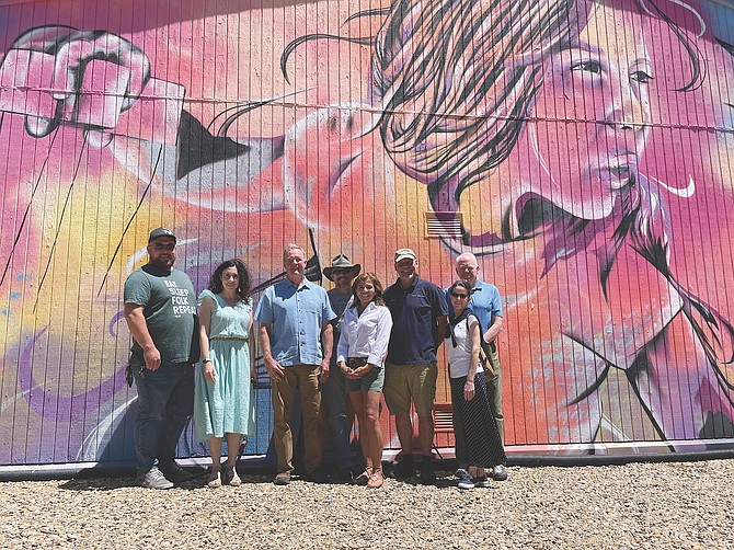 Levitt Foundation members visited the Brewery Arts Center on July 9. Left to right: Performer Spike McGuire; Vanessa Silberman of the Levitt Foundation; Jon Rogers, BAC board of directors member; Seth Fitzgerald, BAC board member; Gina Lopez, BAC executive director; Mikey Wiencek, BAC director of operations; Sabrina Skacan of the Levitt Foundation; and John McKenna, BAC board member.