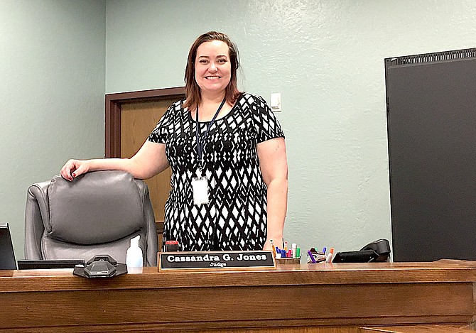 Cassandra Jones stands in a newly remodeled East Fork Justice Court on April 2, 2020.