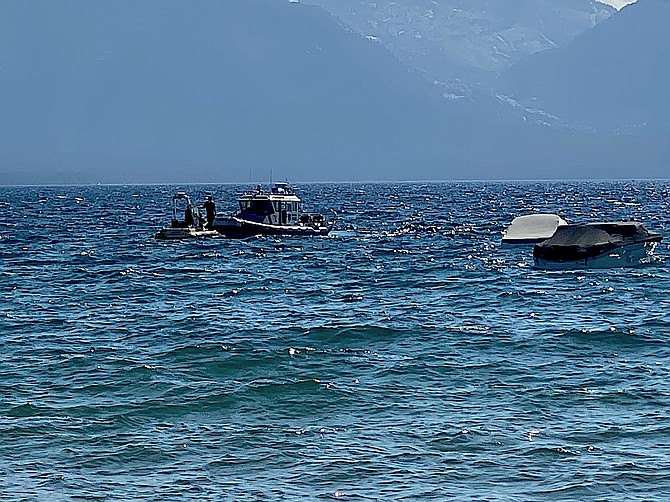 Boats at a water rescue off Marla Bay on Monday evening. Tahoe-Douglas Fire photo by Eric Guevin.