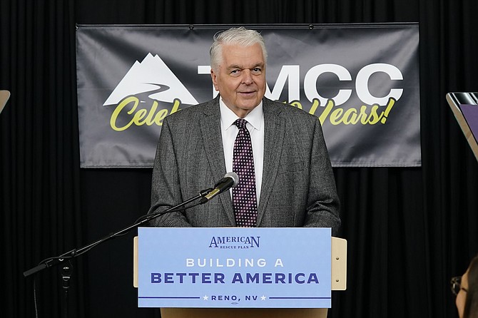Gov. Steve Sisolak speaks during a visit to the Pennington Health Science Center at Truckee Meadows Community College in Reno on March 9, 2022.