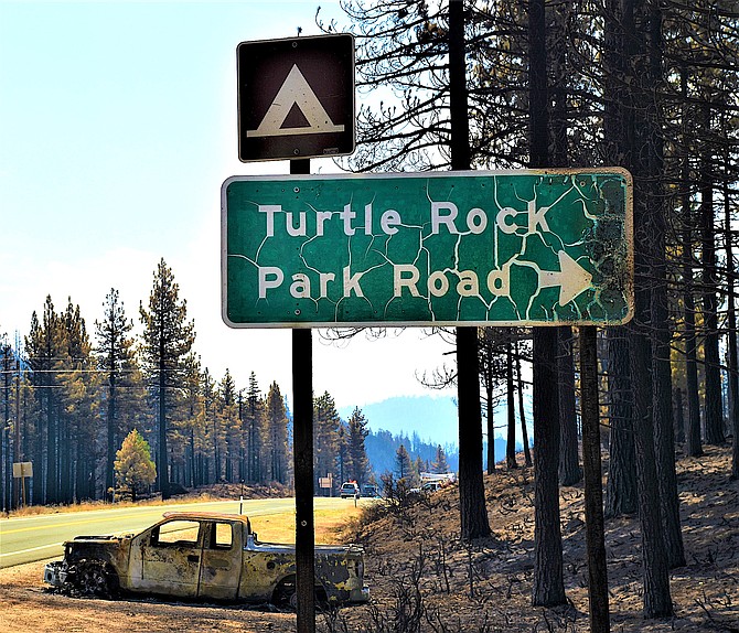 A burned pickup near the entrance to Turtle Rock Park on July 18, 2021, not long after the Tamarack Fire raged through Alpine County on its way to Nevada.
