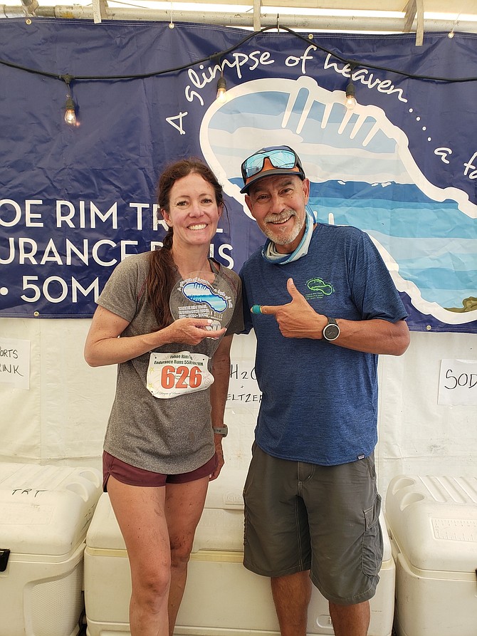 Carson City’s Andrea Bayer, left, was the top woman, taking eighth overall in the 55-kilometer race in the Tahoe Rim Trail Endurance Runs.
