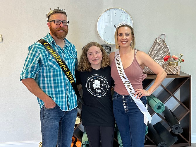Ben and Karen (right) Bassham will have a busy August as this year’s Fallon Cantaloupe Festival king and queen. Their daughter Ella can’t wait for the annual festival to begin during the last month of August.