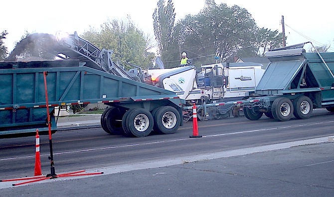 A construction crew works on improvements on U.S. Highway 50 (Williams Avenue) through Fallon on Sunday.