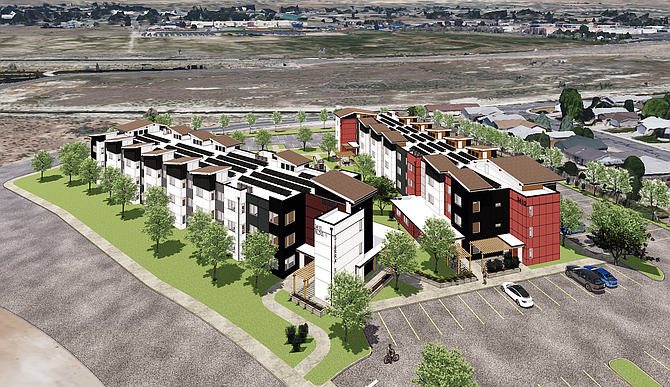 A rendering of the Sierra Flats affordable housing development off Butti Way, courtesy of Oikos Development Corp.