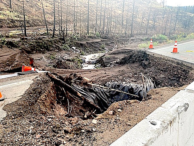 A big hole opened up in Highway 89 blocking the road between Markleeville and Woodfords on Wednesday. The road was still closed on Friday. CalTrans photo