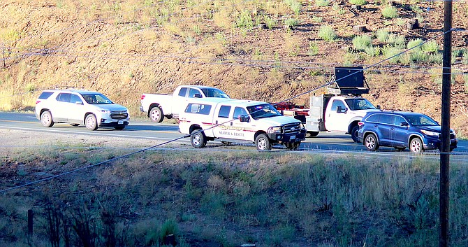 The first convoy of vehicles from Markleeville arrived at Turtle Rock Park just after 7 a.m. Friday.