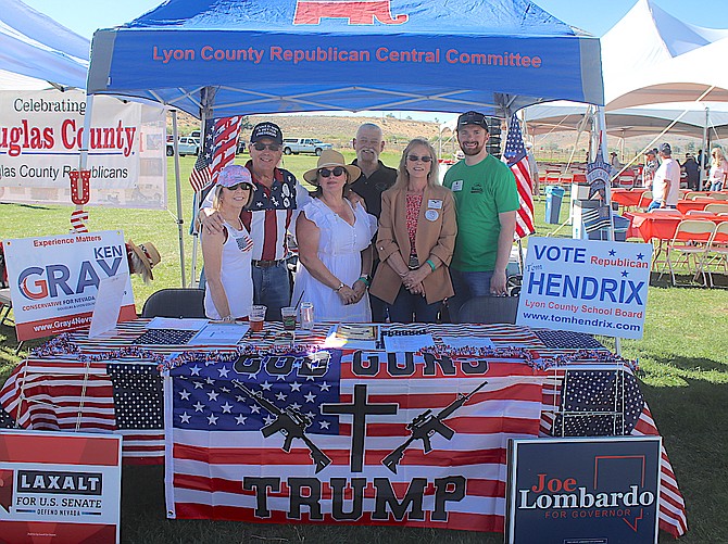 The Lyon County Republicans set up a booth at the Basque Fry. From left are Sheryle and Mark Jones, Lorri Olson, Scott and Vida Keller and Stephen Moore.