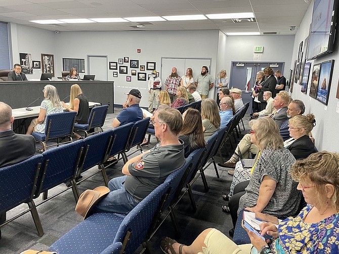 A packed room at the Board of Supervisors meeting Aug. 18, 2022 debates additional marijuana dispensaries in Carson City.