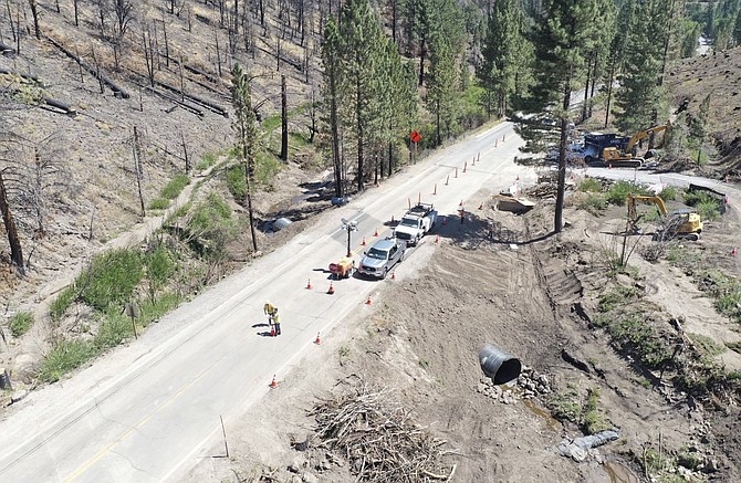 A drone shot of the big culvert installed at the Millberry Creek crossing, which washed out on Aug. 3. Highway 89 will be open in both directions for the Labor Day weekend, according to CalTrans.
