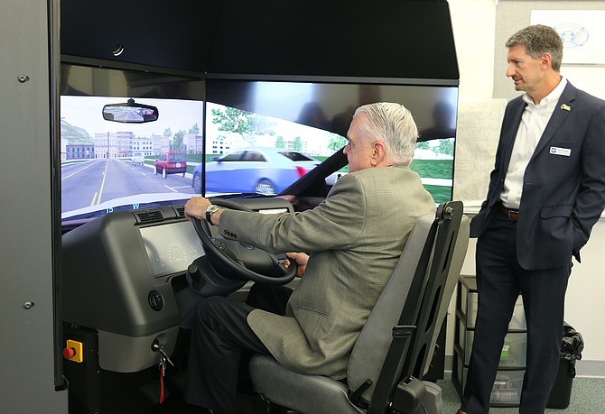 Gov. Steve Sisolak had an opportunity Tuesday to take a drive down Carson Street in an L3 Harris model simulator at Western Nevada College as part of the campus’ commercial driver’s license program. The program earlier this year received a $400,000 grant from the Governor’s Office of Economic Development Board.