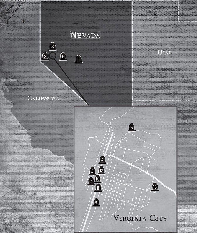 A map depicting hauntings in Virginia City from author Stacia Deutsch’s new book of ghost tales.