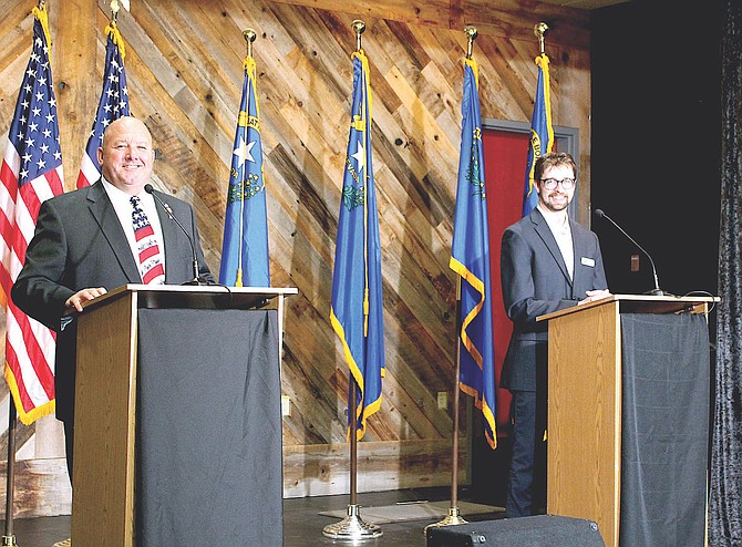 Assembly District 39 candidates Gardnerville native Blayne Osborn and Lyon County Commissioner Ken Gray prepare to debate at the May Town Hall in Gardnerville prior to Gray's primary victory. Osborn endorsed Gray last week.