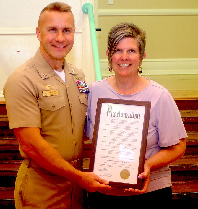 Dr. Summer Stephens, right, has been named Nevada’s 2023 Superintendent of the Year. One of this year’s highlights occurred in April when every Churchill County School District school received Purple Star designation. With Stephens in April is Capt. Shane Tanner, commanding officer, Naval Air Station Fallon.