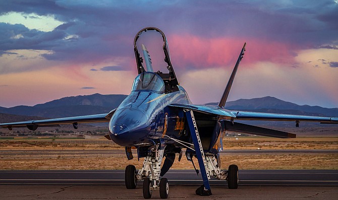 One of the Blue Angels' F/A-18 Hornets at Minden-Tahoe Airport in Minden.