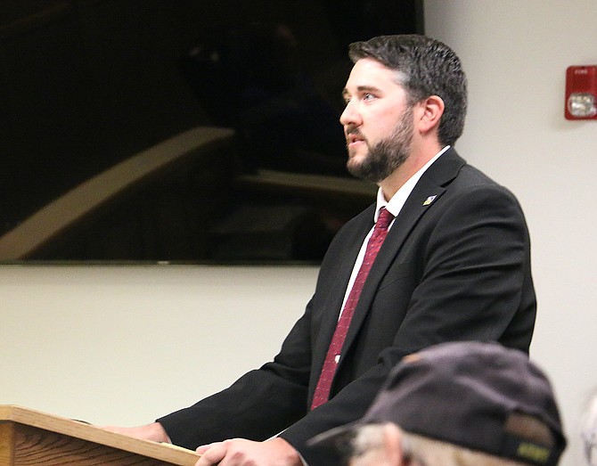 Lyon County Community Development manager Andrew Haskin speaks Monday to the county commission as he is being considered for the role of interim county manager. The board approved Haskin’s appointment and contract.