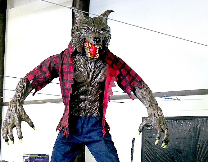 A 10-foot werewolf prop at the warehouse Monday ready to be set up for Friday’s opening night of Fright at the Fairgrounds.