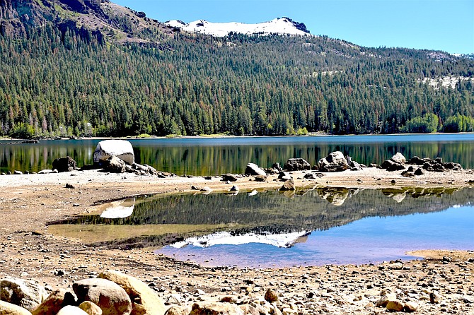 The water was low on Silver Lake near Highway 88 on Sept. 22, the last day of summer in Alpine County, that saw a little snow on the peaks. Photo special to The R-C by Tim Berube