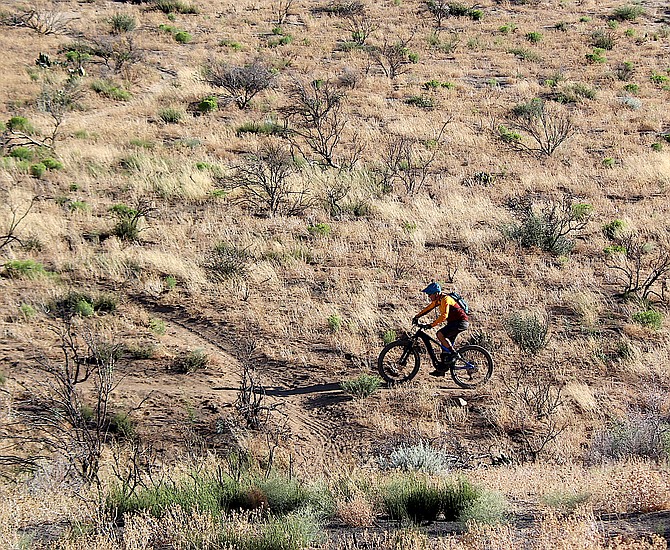 Sunridge mountain biker Kary Grabow climbs above Jacks Valley Road on July 21, not long after Jacks Valley loop trail opened.