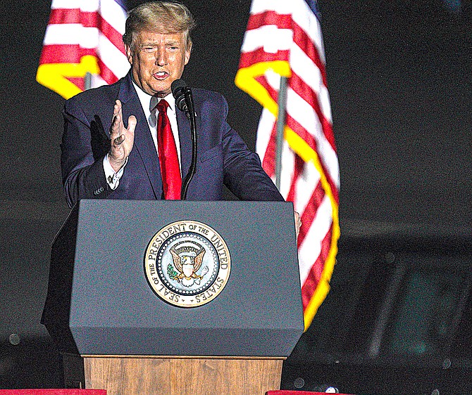 Then-President Donald Trump speaks to the crowd at Minden-Tahoe Airport in September 2020. Photo special to The R-C by Michael Chan