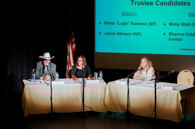 From left, Carson City School Board of Trustee candidates Jason Stinson, Lupe Ramirez and Molly Walt during Monday’s forum at The Brewery Arts Center.