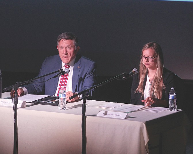 Assemblyman P.K. O’Neill, left, and opponent Shannon McDaniel discuss their most important issues facing residents in District 40 during a League of Women’s Voters forum in Carson City on Oct. 11, 2022.