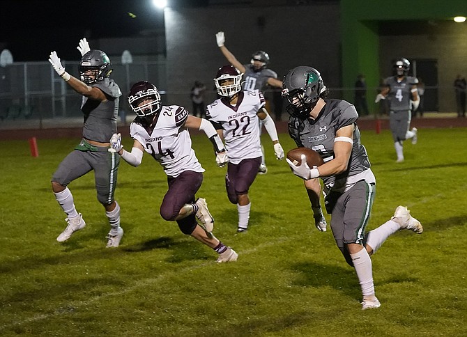 Fallon’s Steven Moon celebrates after his game-saving pass breakup on fourth down in the final contested play of the game to give the Greenwave a 7-6 win over Elko on Friday.