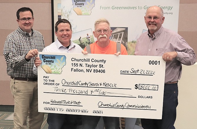 Commissioners Greg Koenig, Justin Heath and Pete Olsen voted to approve funding in support of Churchill County Search and Rescue's Trunk or Treat event to be held Oct. 29. Rick McClusker of Search and Rescue accepted the donation.