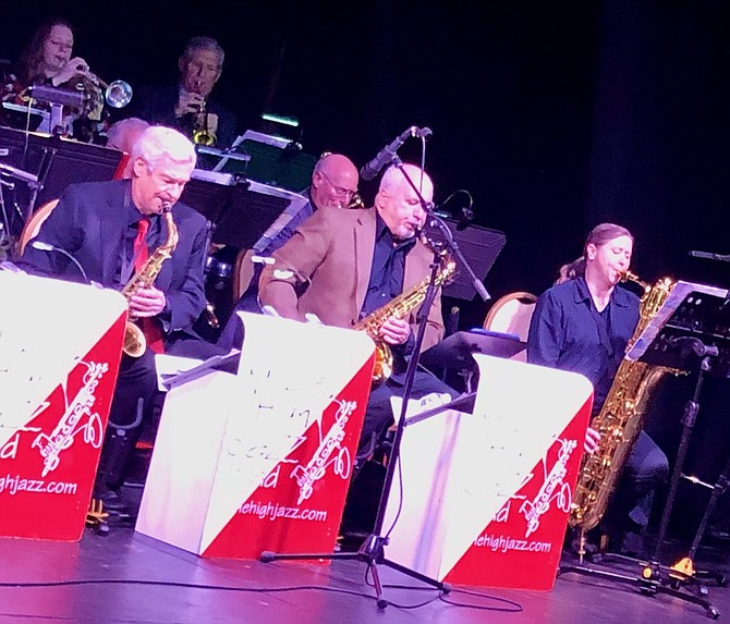 Mile High Jazz Band saxophonists Rich Davis, Randy Seeber, and Liz Eubanks at Brewery Arts Center Performance Hall last year.