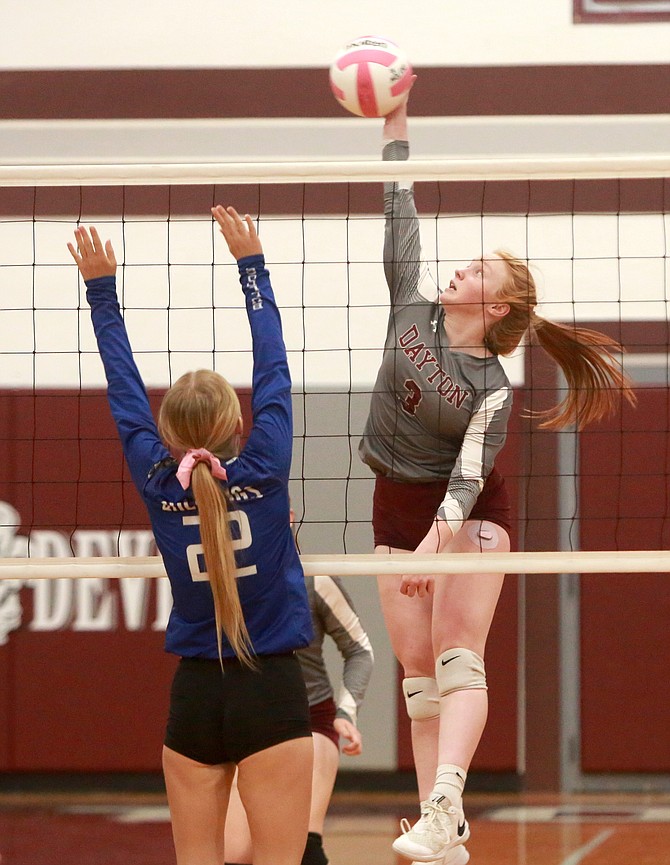 Dayton High’s Riley Glynn goes up for a kill Tuesday evening against Smith Valley. Glynn, a senior captain for Dayton, leads the Dust Devils with 161 kills this season.