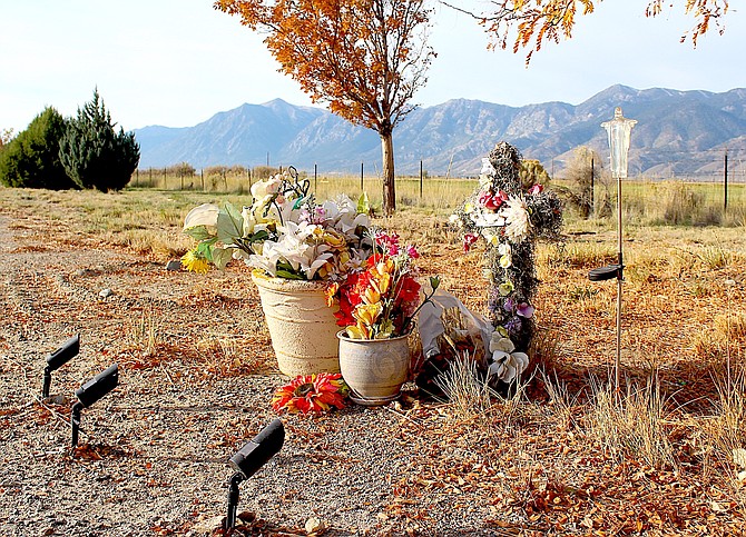 A memorial along Highway 395 on Oct. 18, 2022, at the spot where Fallon Montanucci was killed on April 23.