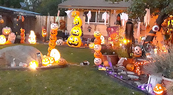 There may be some frost on these Minden pumpkins by Sunday if the decorations survive Friday night's wind storm. Photo Special to The R-C by Elisabeth Olesen.