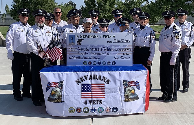 The Nevadans 4 Vets presented a check to the Nevada Veterans Coalition after their summer golf tournament. The tournament raised $20,000 for the Wreaths Across America program, which is Dec. 17 at area cemeteries.