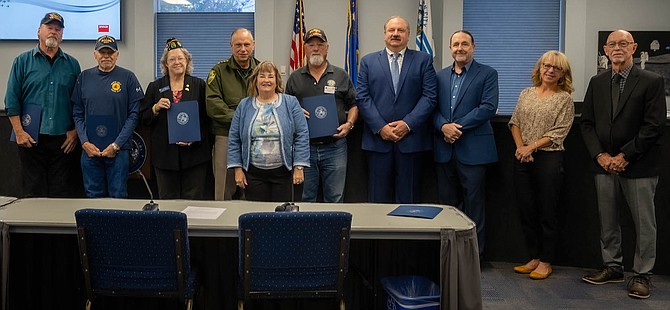 Veterans Curtis McLachlan, Walt Rosenburg, Joann Linder, Ken Furlong and Tom Spencer with the Carson City Board of Supervisors on Nov. 3, 2022.