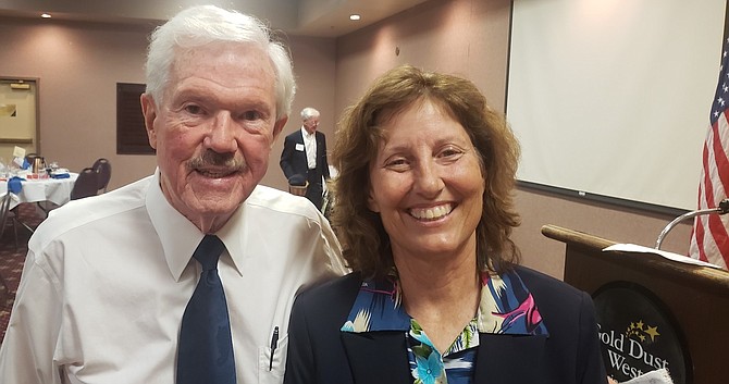 Ken Beaton with Victoria Yeager after she was the guest speaker at the Carson City Navy League quarterly meeting on Aug. 17, 2022.