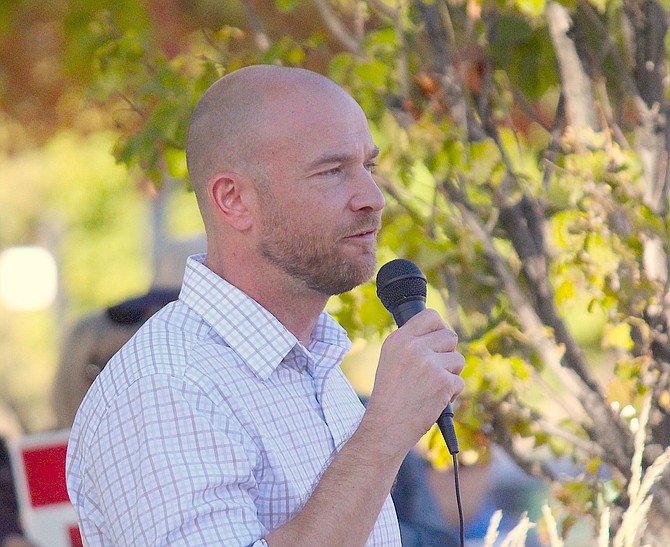 Republican Andy Matthews, won his race for Nevada controller, speaks at a rally held in Minden Park on Oct. 27. Election results were a mixed bag with voters electing Republicans and Democrats to state office.