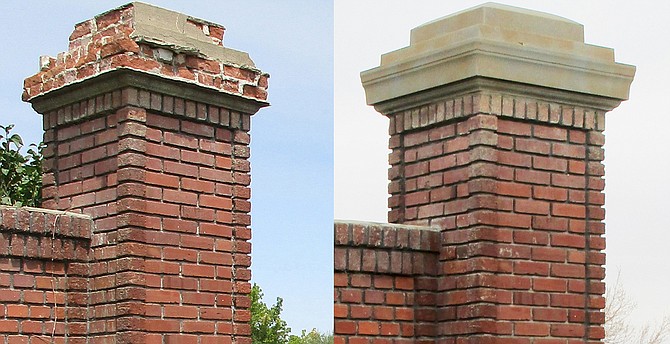 Before and after photos of the pillars designed by famed Nevada architect Frederic J. Delongchamps and restored by grants to the Friends of the Dangberg Home Ranch.