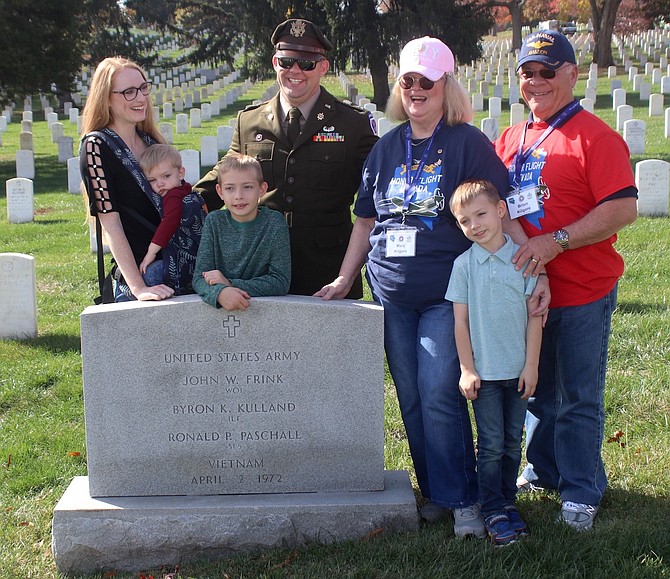 The Kilgores visited John Frink’s grave at Arlington National Cemetery. Mary Kilgore of Spanish Springs and Frink were married when he was shot down in Vietnam in 1972. From left, are Christine, Jason, along with their three sons, Mary and Brian Kilgore.
