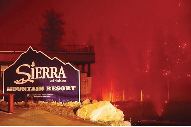 The Caldor Fire burns at the Sierra-at-Tahoe resort in August 2021.