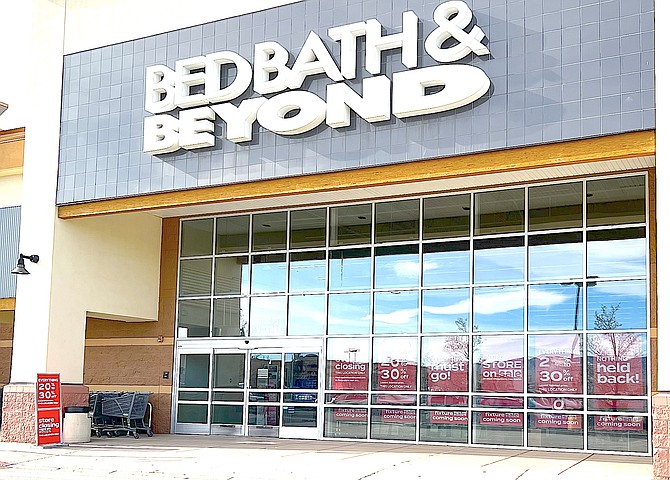 Going out of business signs greet customers to Bed, Bath & Beyond in Carson Valley Plaza.