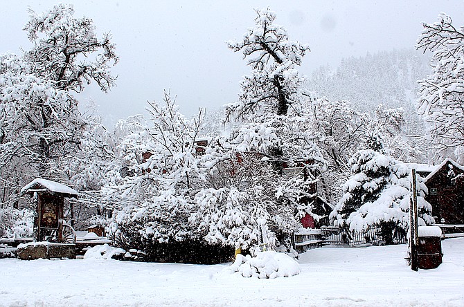 The Genoa Bar was behind the snowy landscaping on Sunday morning after 7 inches of snow fell in Nevada's Oldest Town.
