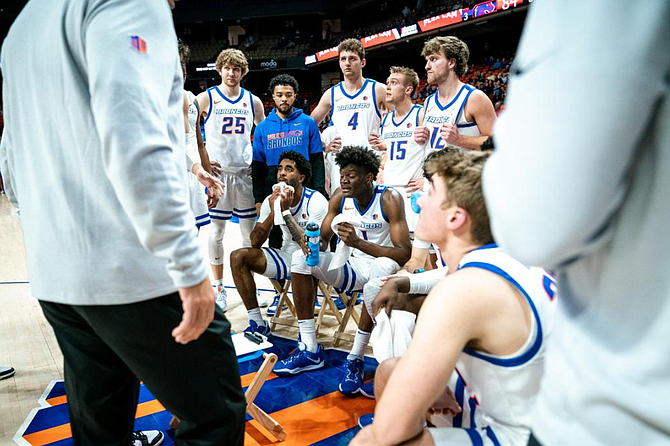 Boise State during a timeout against Eastern Oregon University on Dec. 6.