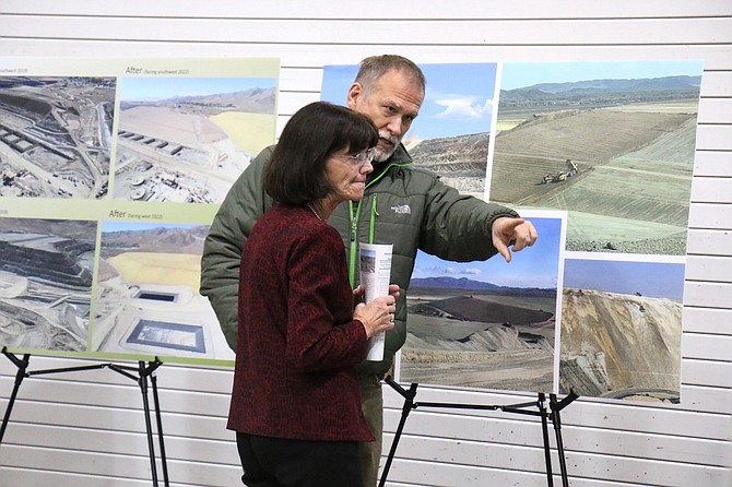 State Sen. Robin Titus views charts about the Anaconda Copper Mine Site cleanup. Approximately 60 people attended a presentation given by the Nevada Division of Environmental Protection in Yerington about progress on the cleanup.