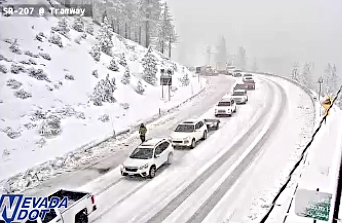 Cars backed up at the top of Kingsbury Grade on Tuesday morning.