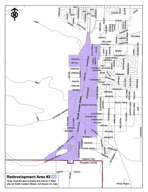 Map of Carson City showing Redevelopment Area number 2.