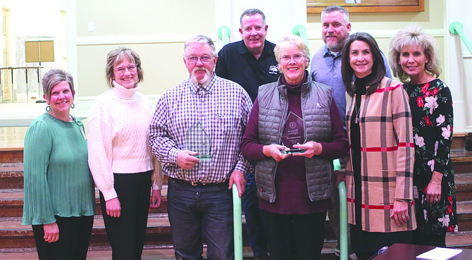 Churchill County School Board trustees take their final group photo together. From left are Superintendent Summer Stephens, and trustees Kathryn Whitaker, Fred Buckmaster, Gregg Malkovich, Carmen Schank, Matt Hyde, Tricia Strasdin and Amber Getto.